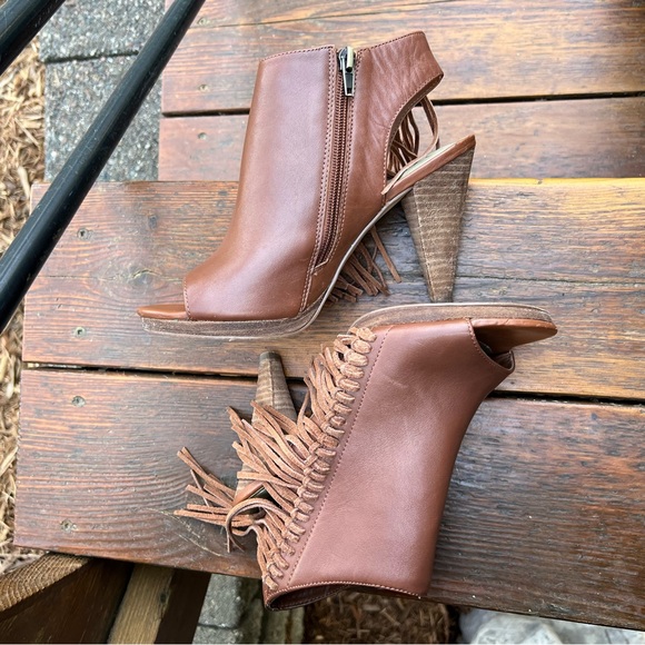 REBA BROWN MADAME PEEP TOE FRINGE LEATHER HEELED BOOTIES SIZE 6.5 - Picture 11 of 16